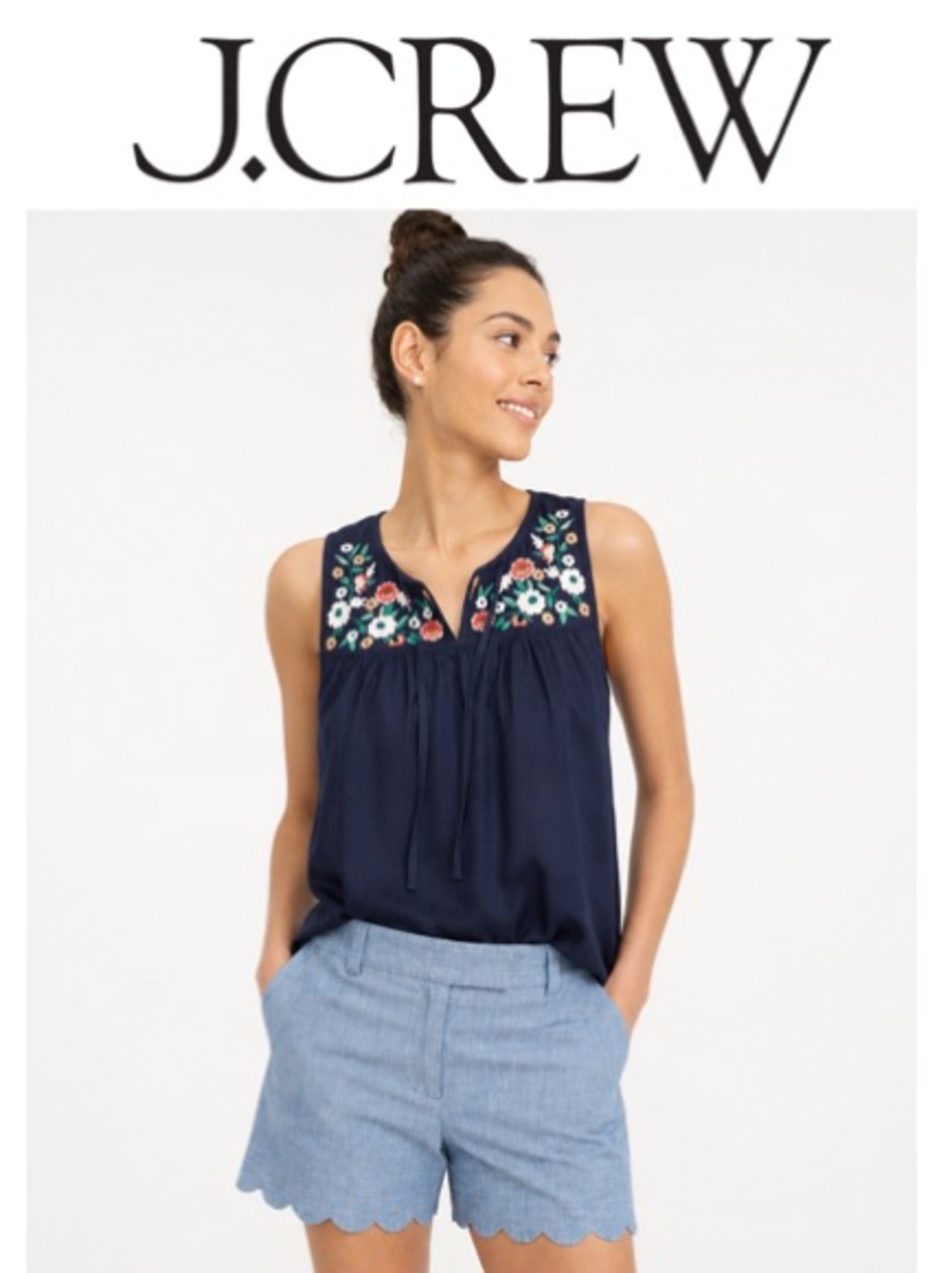 J. Crew Navy Linen/Cotton Embroidered Floral Yoke Tie Sleeveless Top Size M